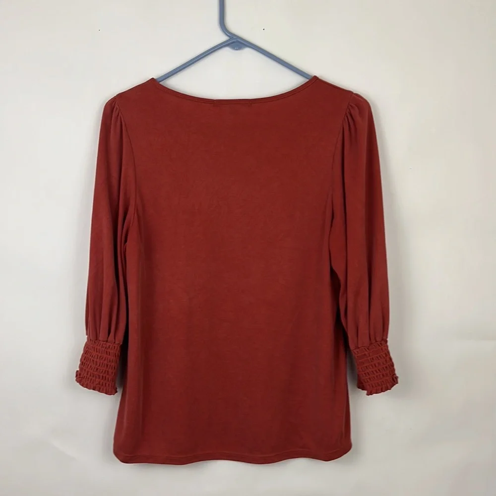 GREEN ENVELOPE 3/4 sleeve blouse in rust orange M - Picture 2 of 7